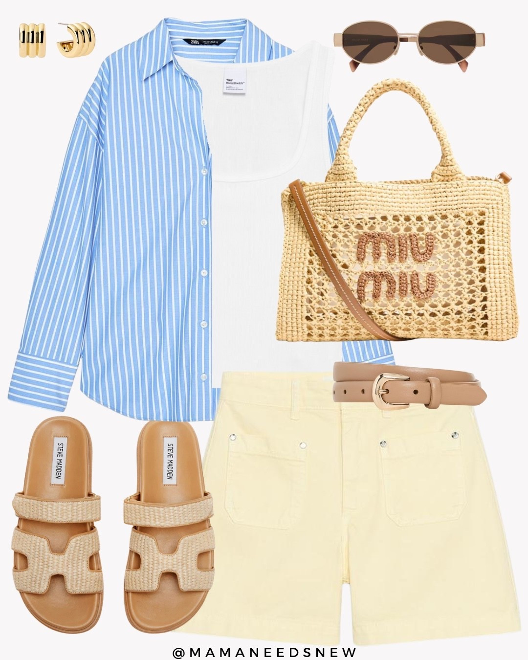 A summer outfit with a blue striped shirt, white tank top, yellow shorts, footbed slide sandals, raffia bag 🩵💛

#LTKStyleTip #LTKItBag #LTKSaleAlert