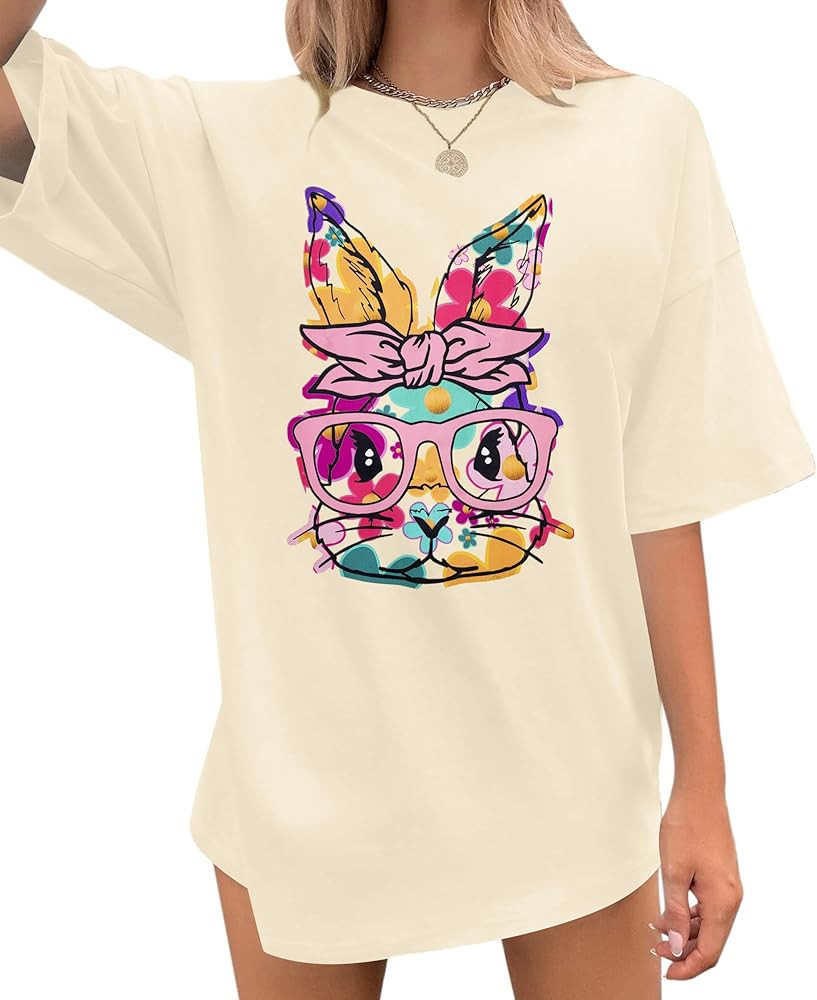 Easter Bunny Shirt Women Oversized: Happy Easter Day Tee Cute Bunny Rabbit Tshirt Floral Flower C... | Amazon (US)