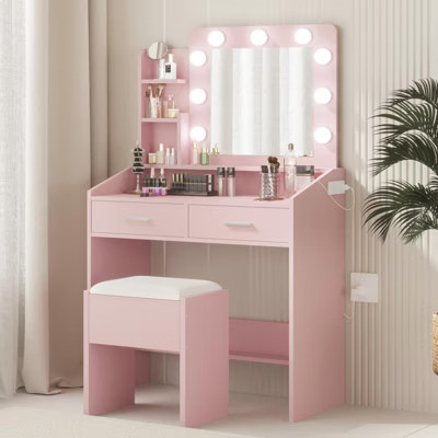 GustoWave, Vanity Desk with Mirror and Lights, Makeup Vanity with Power Outlet & Cushioned Stool, 3 Lighting Modes, Dressing Table, Pink | Target