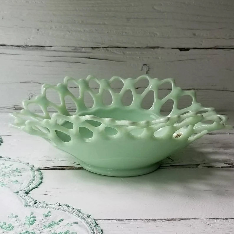 Jadeite Open Lace Bowl - Westmoreland Glass Doric Line Open Lace Edge Bowl - Green Milk Glass - L... | Etsy (US)
