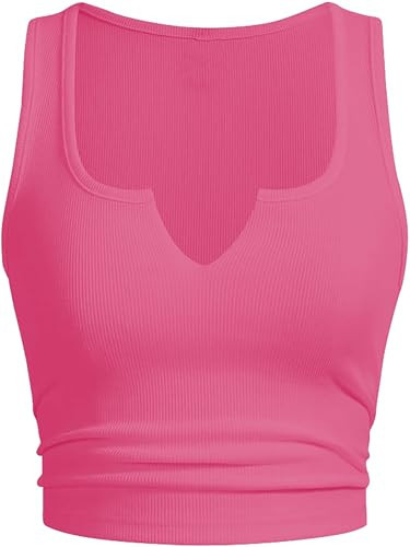 SOLY HUX Women's V Neck Crop Tops Basic Trendy Notched Sleeveless Slim Fit Summer Y2k Sexy Crop Tank Top Hot Pink Small | Amazon (US)