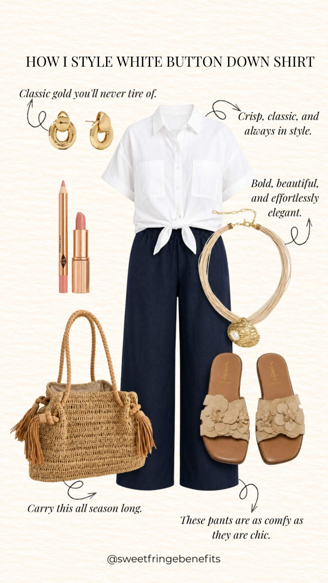 A crisp white button-down is one of the hardest-working pieces in your wardrobe. Paired with flowy navy pants, neutral floral slides, and woven accessories, it’s an effortless outfit you’ll reach for all season long.

💡 LTK MADE EASY
❤️ Heart = Support my posts!
🔖 Save = Get sale & restock alerts
📋 Lists = Keep favorites organized
📲 Share = Send lists and products to a friend.
💬 Comment = Ask me anything about what I’m wearing.:-)

#LTKootd #LTKOver40 #LTKSeasonal