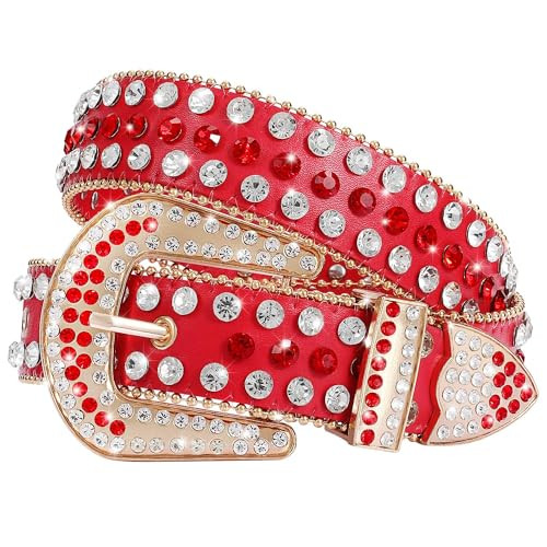 XZQTIVE Rhinestone Belt Studded Belt for Men Women Vintage Cowgirl Cowboy Bling Western Leather Belts for Pants Jeans Dresses(Red, Fit pant 37-40 inch) | Amazon (US)