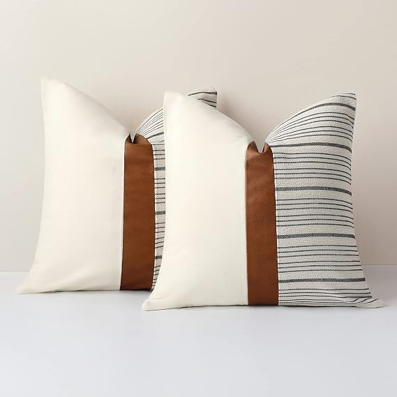 Throw Pillow Covers 24 x 24 Inch Farmhouse Pillow Covers,Cotton Tan Faux Leather Square Home Deco... | Amazon (CA)