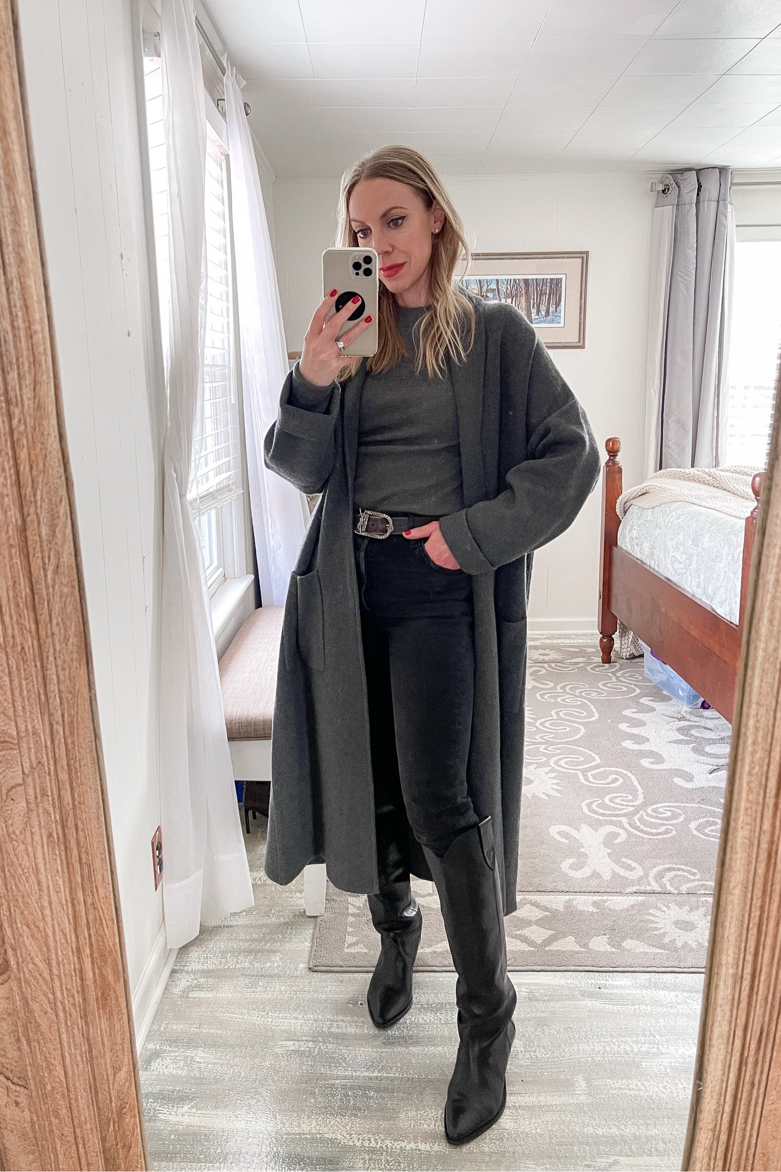 Gray coatigan, sweater coat, black jeans, black western boots 

#LTKshoecrush #LTKover40 #LTKSeasonal