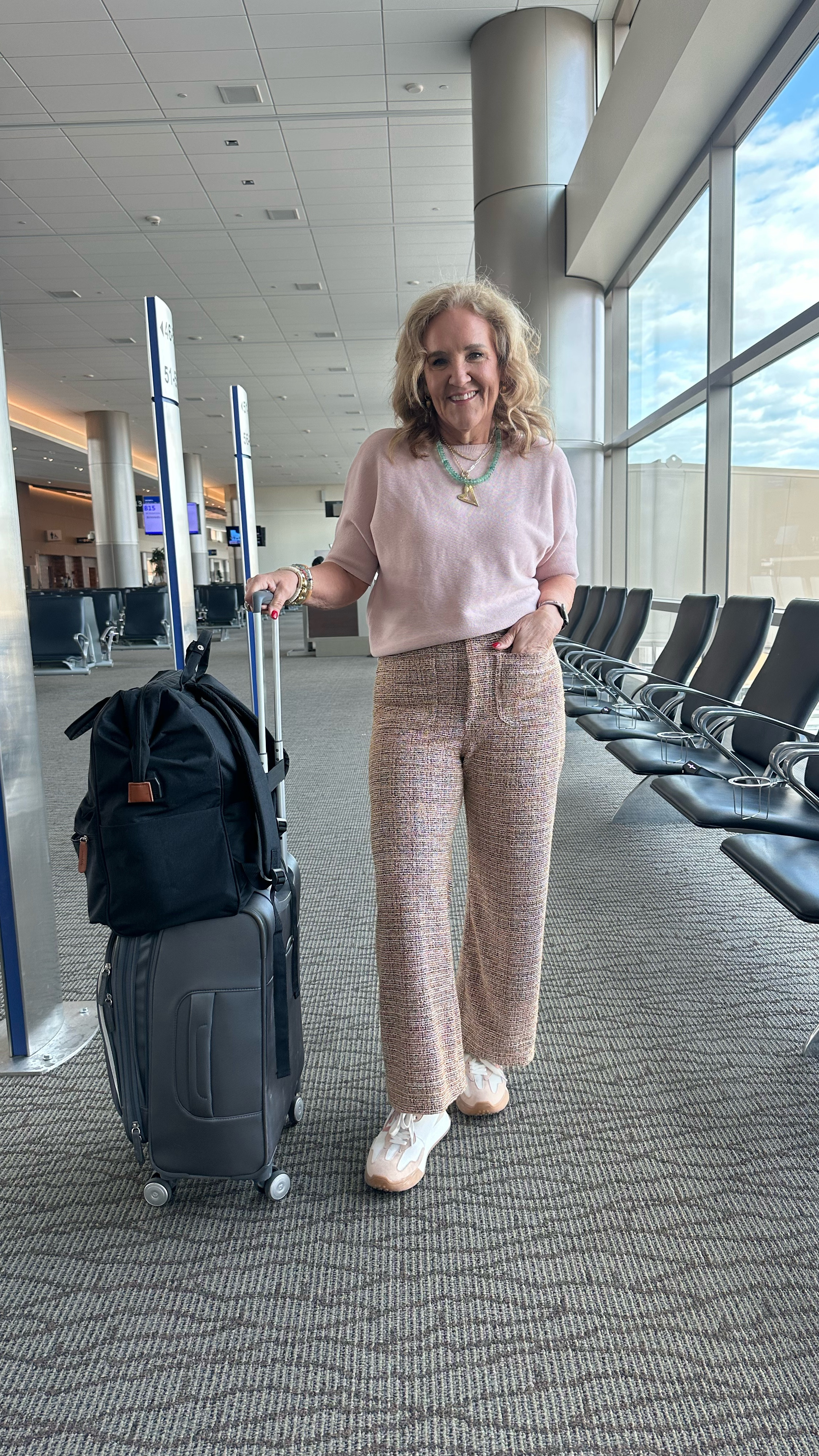 A bit the seed travel outfit today. But still comfy! These pants are a boucle knit. Dress up or dress down. Wearing size 29 regular. 
Cotton cashmere sweater size small. It does run drippy. 
Allie+Bess jewelry made it through tea no problem! Live the pastel green and gold with my pink outfit. 


Anthropologie Colette pages work travel business travel work outfit business casual 

#LTKWorkwear #LTKTravel #LTKOver40