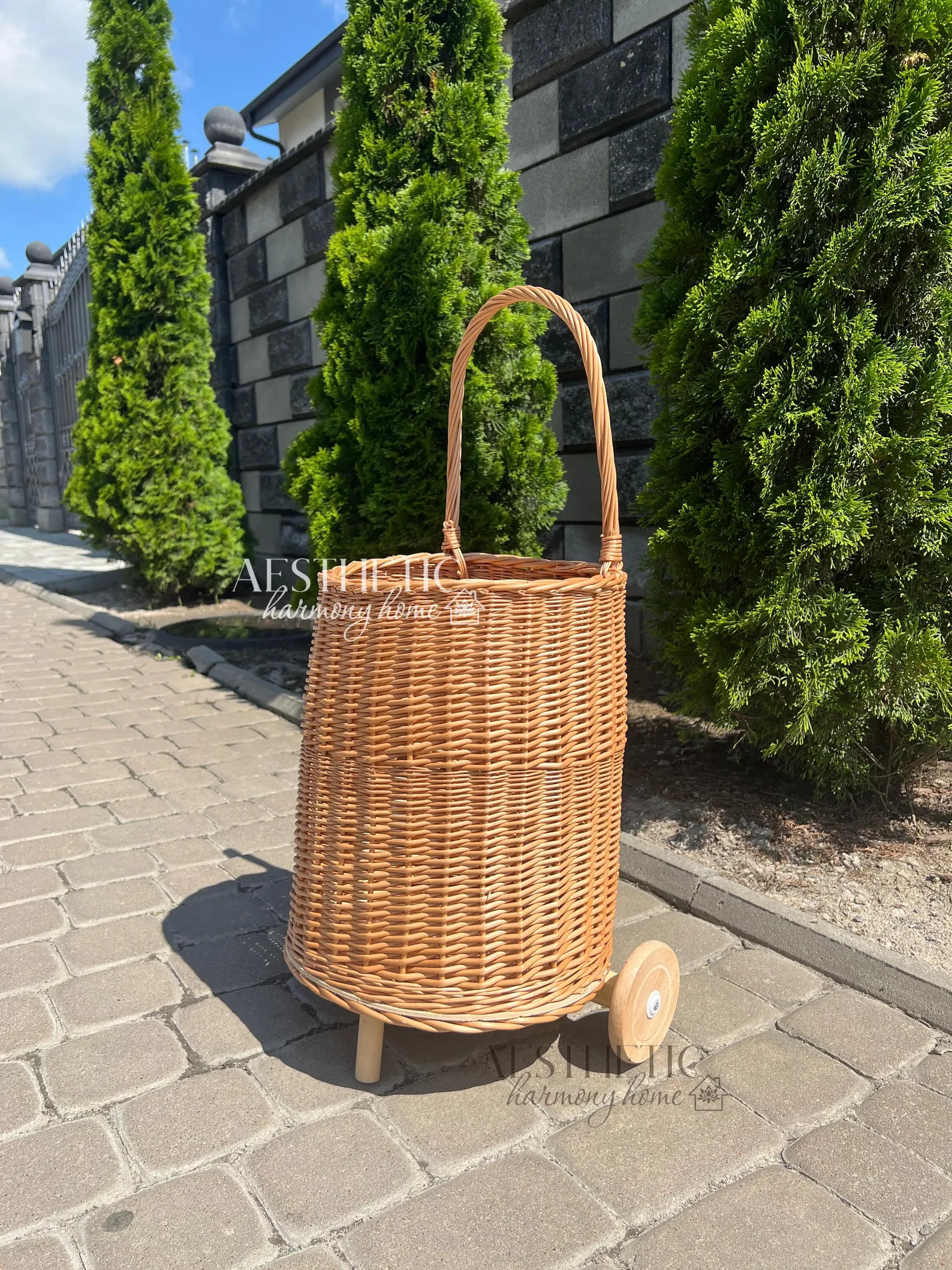 Wicker Shopping Cart with Handle and Wheels – French Market Basket Trolley for Grocery, Rattan ... | Etsy (US)