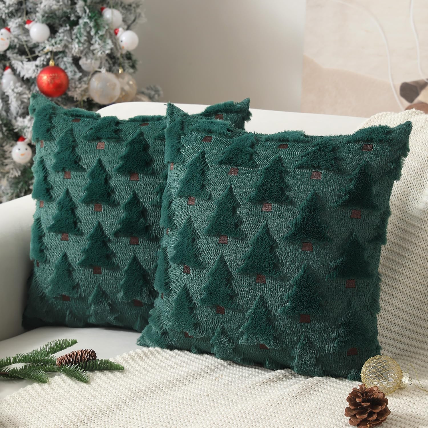 Christmas Pillow Covers 18x18 inch Set of 2 Xmas Decorations Soft Plush Faux Fur Wool Green Chris... | Amazon (US)
