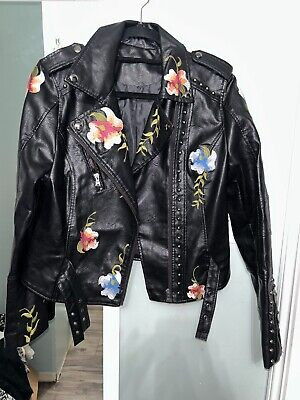 Woman Francis Faux Leather Moto Jacket Black With Floral Embroidery Size Large | eBay US