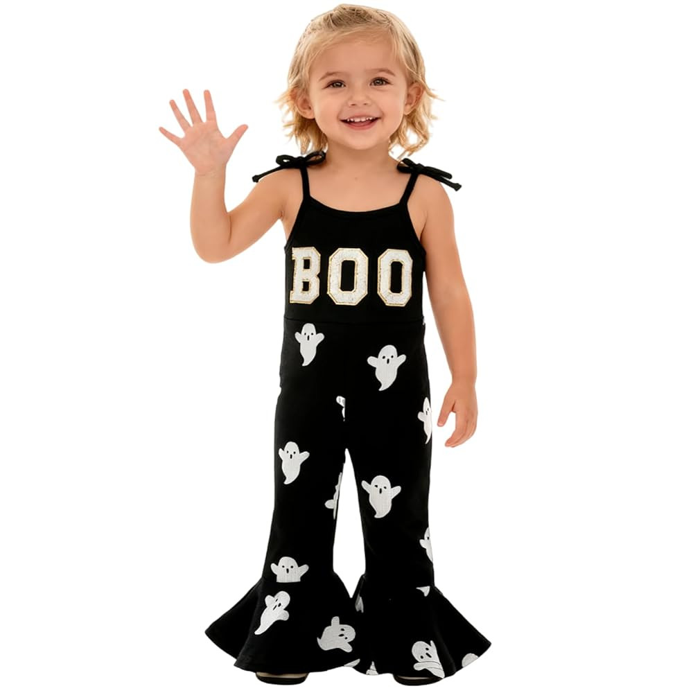 Halloween Toddler Baby Girl Outfit Boo Romper Jumpsuit Spaghetti Strap Overall Bell Bottoms Outfi... | Amazon (US)