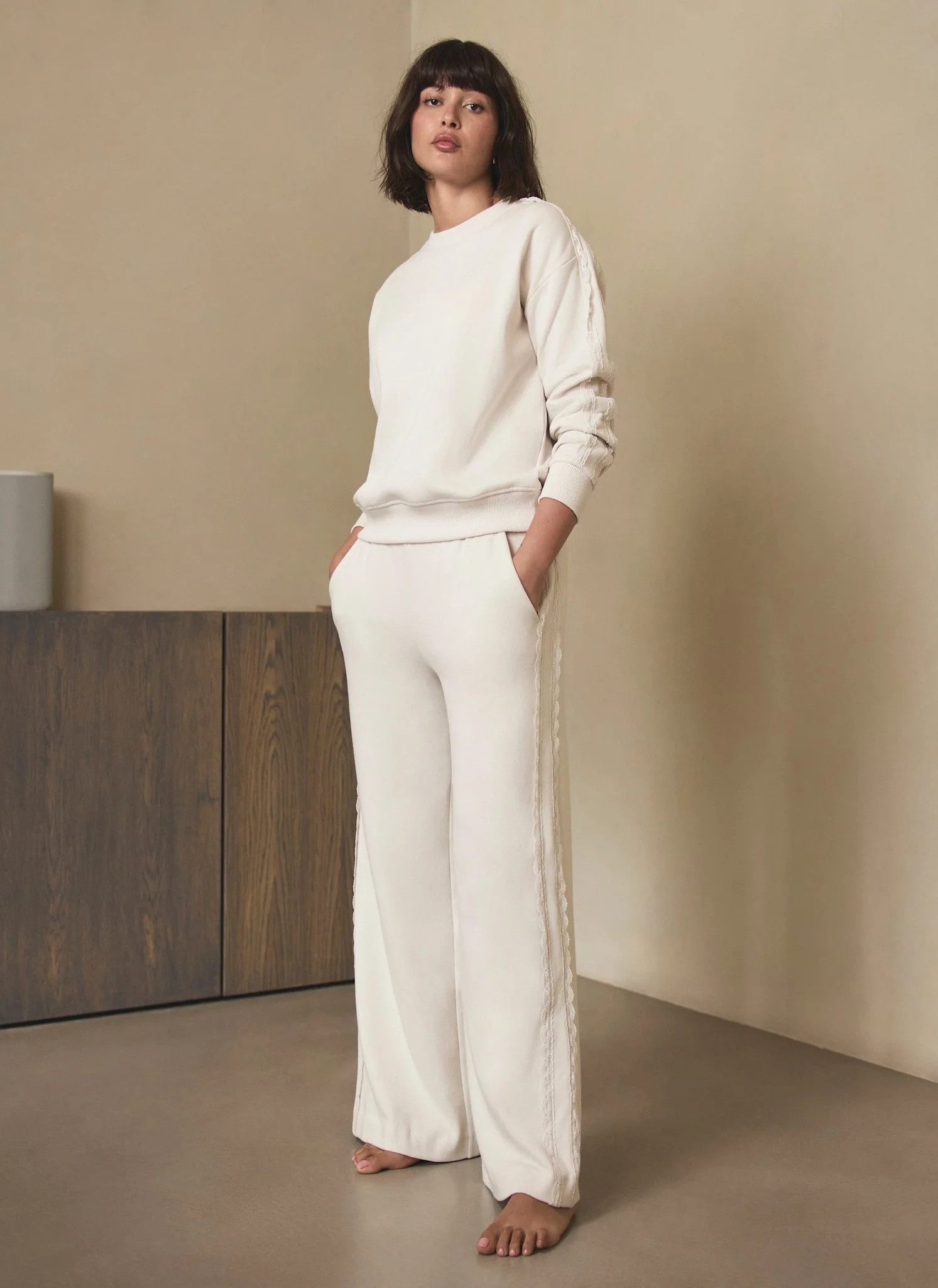 Cream Cotton Blend Lace Trim Joggers | Mint Velvet