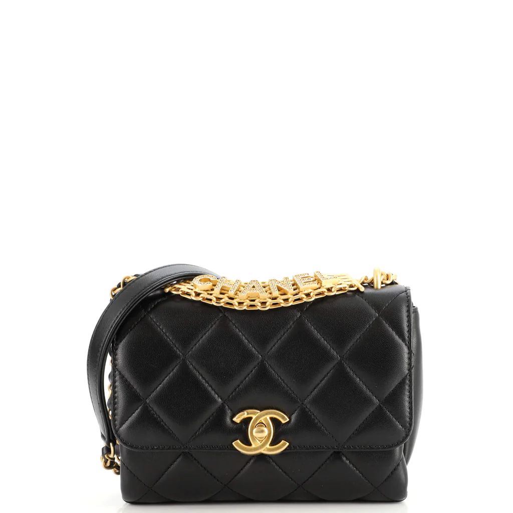 Chanel Crystal Logo Letters Chain Handle Flap Bag Quilted Lambskin Mini Black 1681893 | Rebag