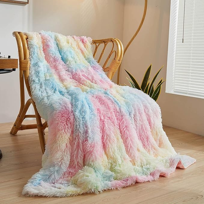 XeGe Plush Faux Fur Rainbow Throw, Tie Dye 50x60 Shaggy Furry Blanket, Fluffy Microfiber Velvet C... | Amazon (US)