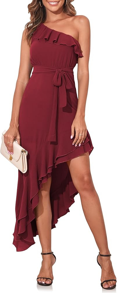 PrettyGuide Women's One Shoulder Maxi Summer Dress Belted Asymmetrical Ruffle Flowy Wedding Guest... | Amazon (US)