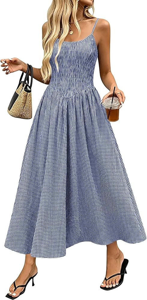 Relipop Women's Summer Midi Dresses 2026 Casual Plaid Sleeveless Spaghetti Strap Smocked Tiered B... | Amazon (US)
