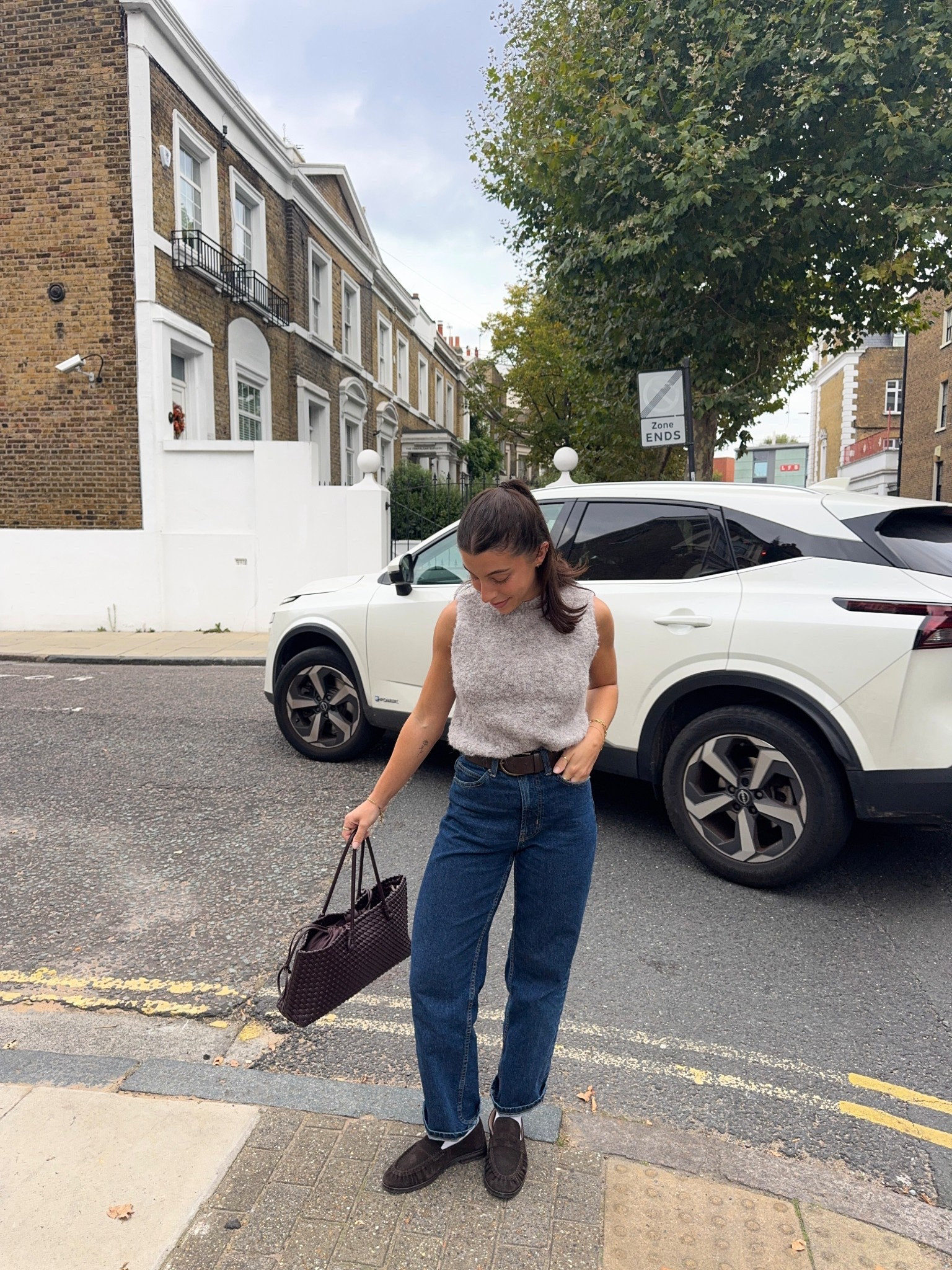 Autumnal outfit, transitional outfit, autumn, style, denim jeans, dark denim, burgundy bag, knit vest, Tesco clothing, f&f, f and f, asos design, loafers, marks and Spencer, m&s, m and s, shoulder bag, woven bag, brown belt, brown tones, autumnal tones, petite, basic wear 

#LTKuk #LTKpetite #LTKautumn