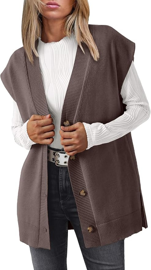 LILLUSORY Women V Neck Sweater Vest Oversized Long Cardigan Casual Vest Tops 2024 Trendy | Amazon (US)