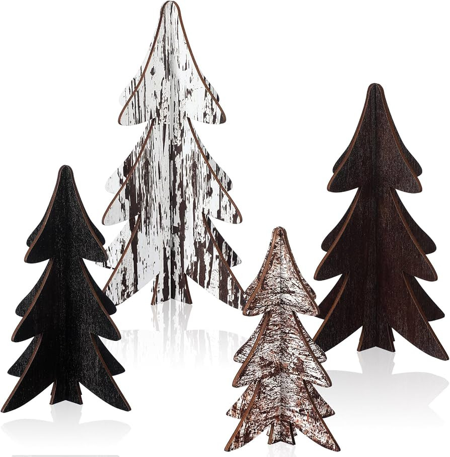 Syhood 4 Pcs Neutral Wooden Christmas Tree Tabletop Decorations Rustic Farmhouse Sanding Xmas Table Centerpieces Christmas Wood Pine Tree Decor for Home Fireplace Tiered Tray | Amazon (US)