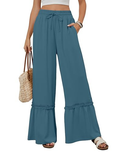 BMJL Womens High Waisted Wide Leg Pants Palazzo Beach Trousers Lace Flowy Summer Outfits(S,Turquoise) | Amazon (US)
