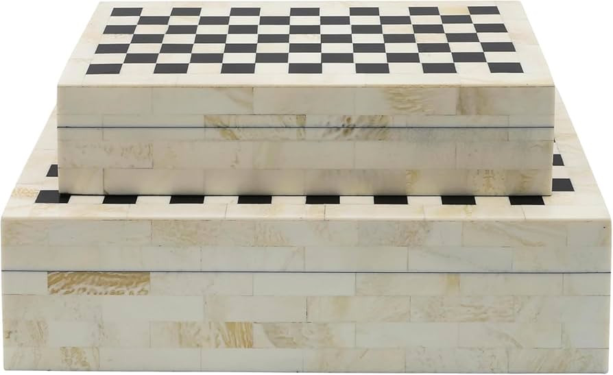 Set of 2 Checkered Decorative Storage Boxes with Lids – Resin & Wood Home Organizer Keepsake Bo... | Amazon (US)