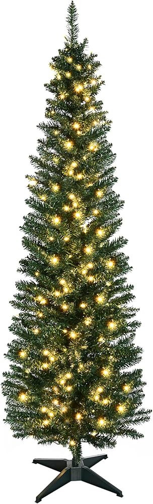 HOMCOM 6' Tall Pre-Lit Slim Noble Fir Artificial Christmas Tree with 200 Warm White LED Lights an... | Amazon (US)