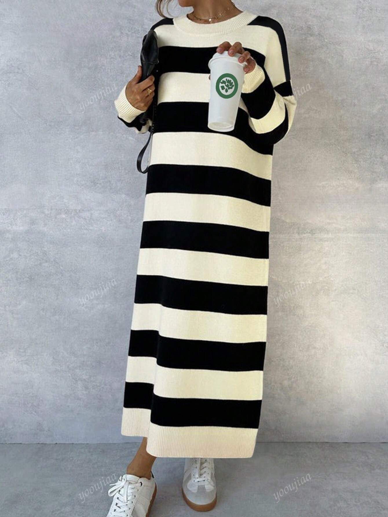 New Autumn And Winter Fashion Casual Round Neck Contrast Striped Long-Sleeved Women's Sweater Dre... | SHEIN