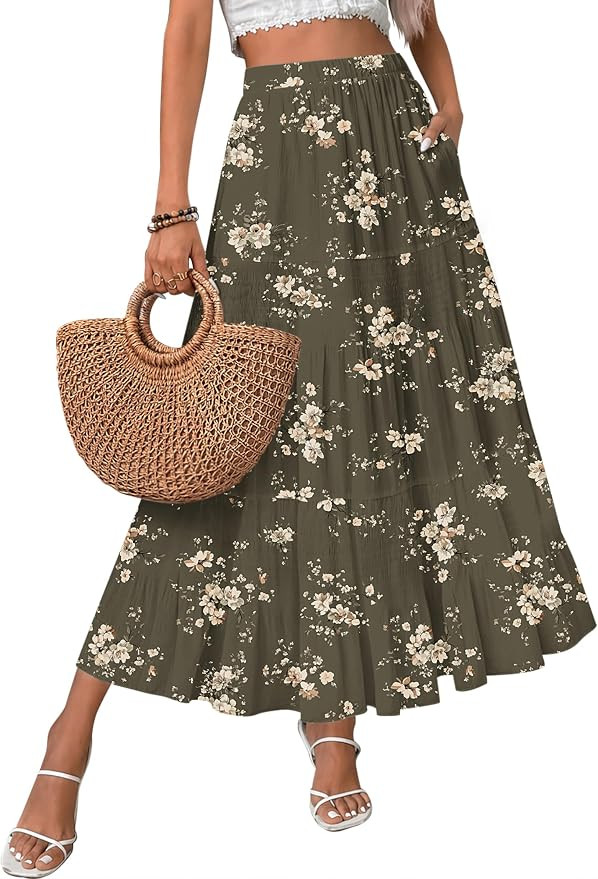 Zeagoo Women's Chiffon Elastic High Waist Pleated Maxi Skirt with Pockets | Chiffon Elastic Waist... | Amazon (US)