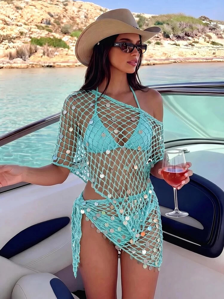 Swim Vcay Women's Solid Color Hollow Out Sequin Design Asymmetric Hem Cover-Up Top | SHEIN