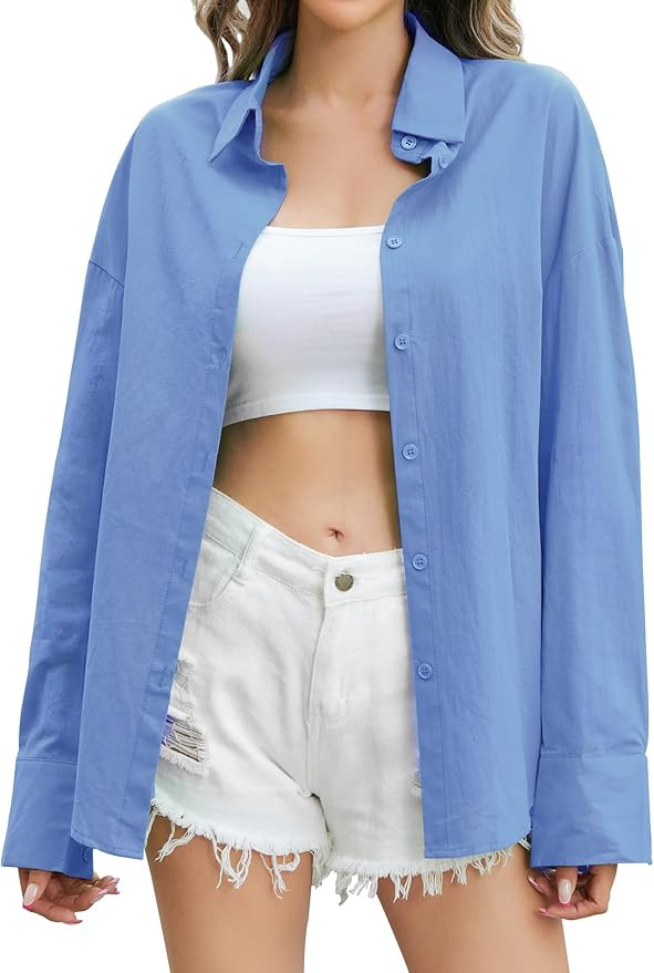 Genhoo Oversized Button Down Shirts for Women Casual Long Sleeve Candy Color V Neck Dressy Blouse... | Amazon (US)