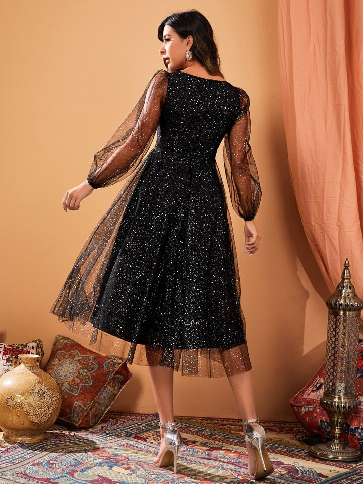 SHEIN Modely Dot Print Lantern Sleeve Sheer Mesh Overlay Dress Without Belt | SHEIN