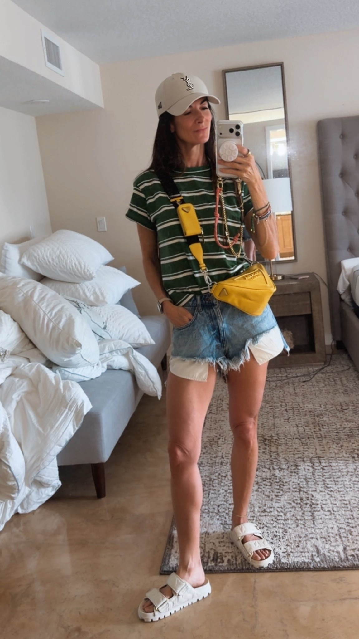 Quick lunch run fit 🍋

The comfiest striped tee, best cut-off denim, and my favorite sporty slides. 
Added a baseball cap and a pop of yellow because a good outfit should feel effortless.

Ksubi, reformation, Nicole Colee 


#LTKdayinmylife #LTKgrwm #LTKootd