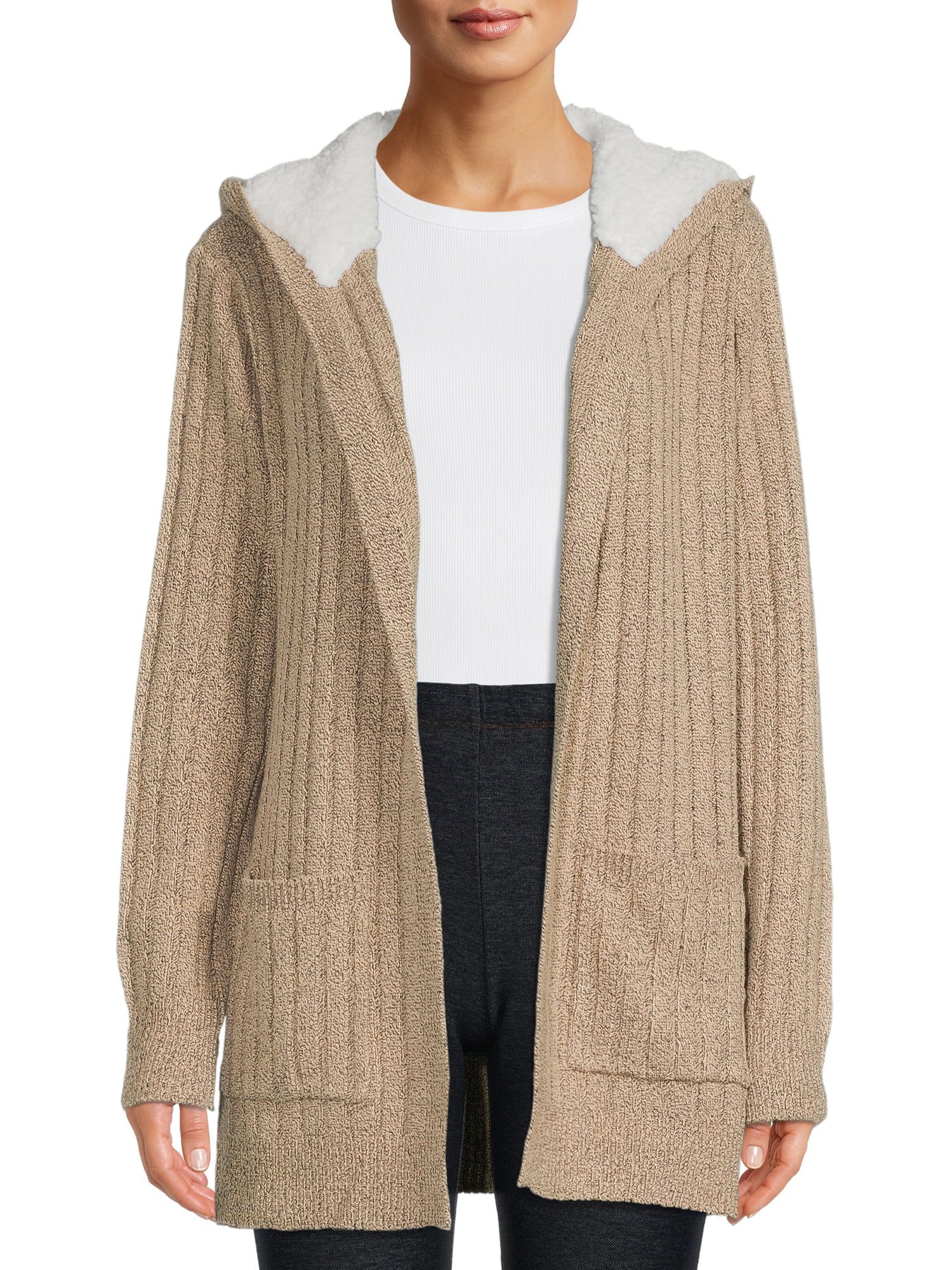 No Boundaries Juniors Cardigan Sweater with Faux Sherpa Hood - Walmart.com | Walmart (US)