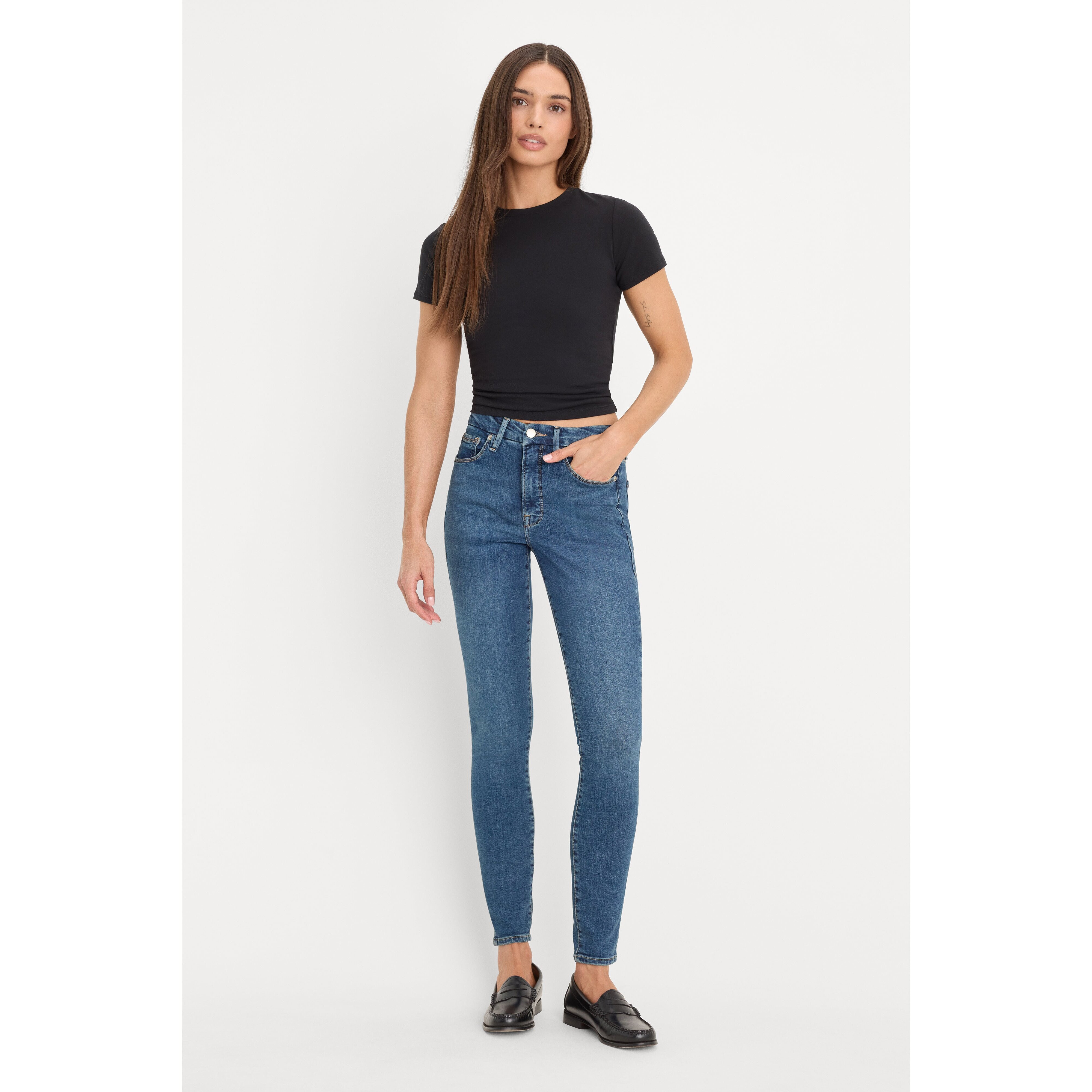 Women's Good Legs Skinny Jeans | Extra Stretch, Flat Tummy Tech, Gap-Proof Waistband High Waisted Skinny Jeans | Blue, Size 0 | | Good American