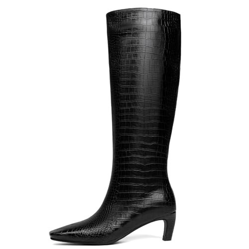 HEIFIN Black Boots Knee High Boots for Women Square Pointed Toe kitten heel tall boots leather Long boots with side zipper | Amazon (US)
