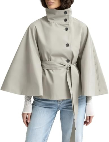 Dqbeng Womens Cape Trench Jacket Funnel Neck Belted Short Coat (Greige-S) | Amazon (US)