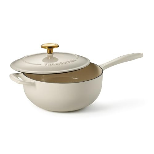 Tramontina Bestow Enameled Cast Iron Saucier Pan with Lid, 3-quart, Latte with Gold Knob | Amazon (US)
