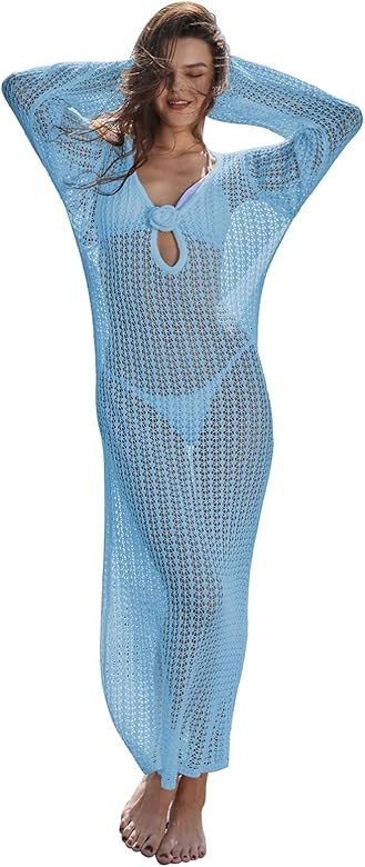 Leoparts Women's Knitted Swimsuit Cover Up 3D Floral Hollow Out Open Back Tie-Up Maxi Dress Beach... | Amazon (US)