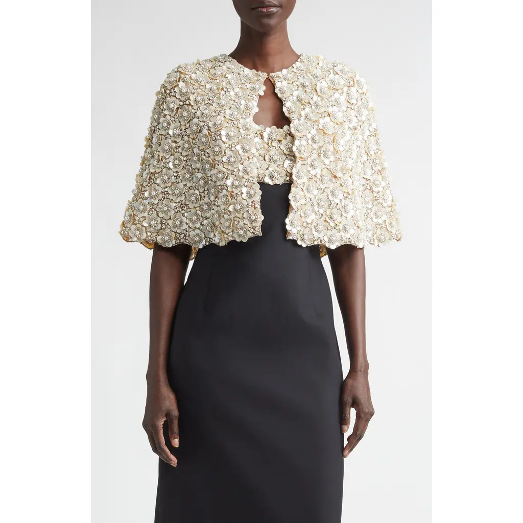 Oscar de la Renta Floral Embroidered Cape in Silver at Nordstrom, Size Medium | Nordstrom