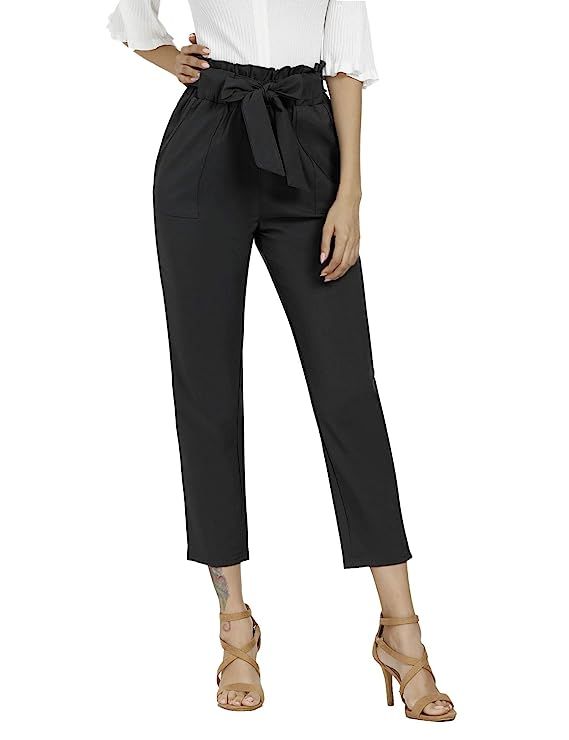 Freeprance Women's Pants Casual Trouser Paper Bag Pants Elastic Waist Slim Pockets | Amazon (US)