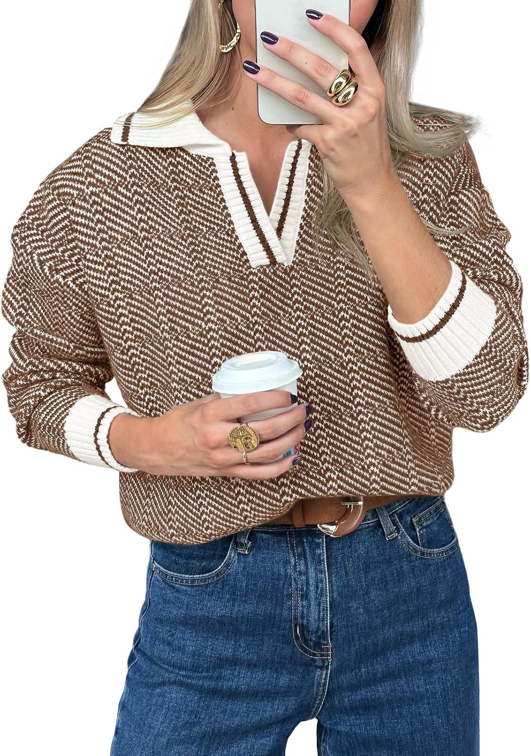 Saodimallsu Womens Fall Sweaters Tops Lapel V Neck Knit Color Block Shirt | Amazon (US)