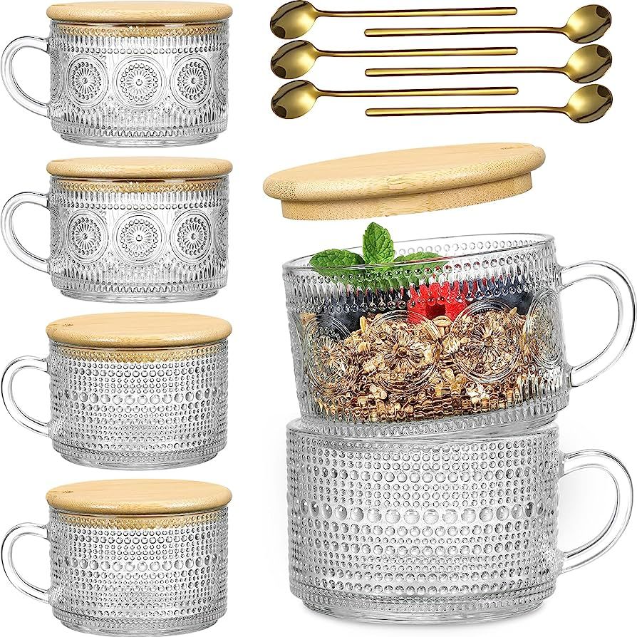 6 Pack 14oz Vintage Glass Coffee Mugs with Bamboo Lids and Spoons, Green Embossed Drinking Glasse... | Amazon (US)