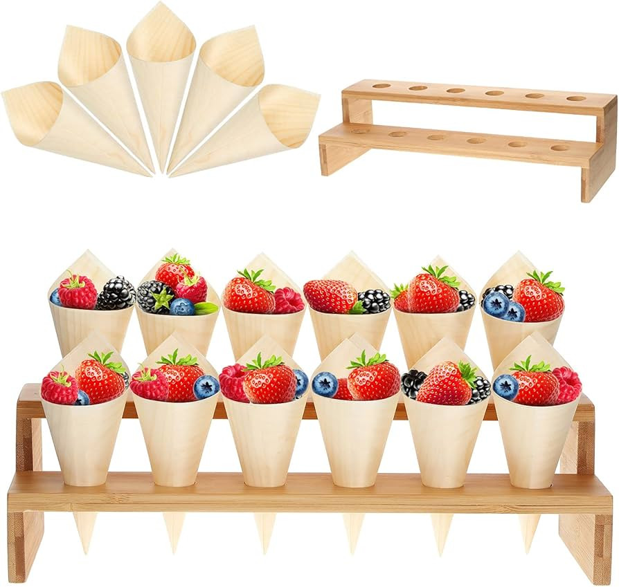 Queekay 100 Pcs Disposable Wooden Food Cones with 12 Holes Food Cone Display Stand Cone Holder fo... | Amazon (US)