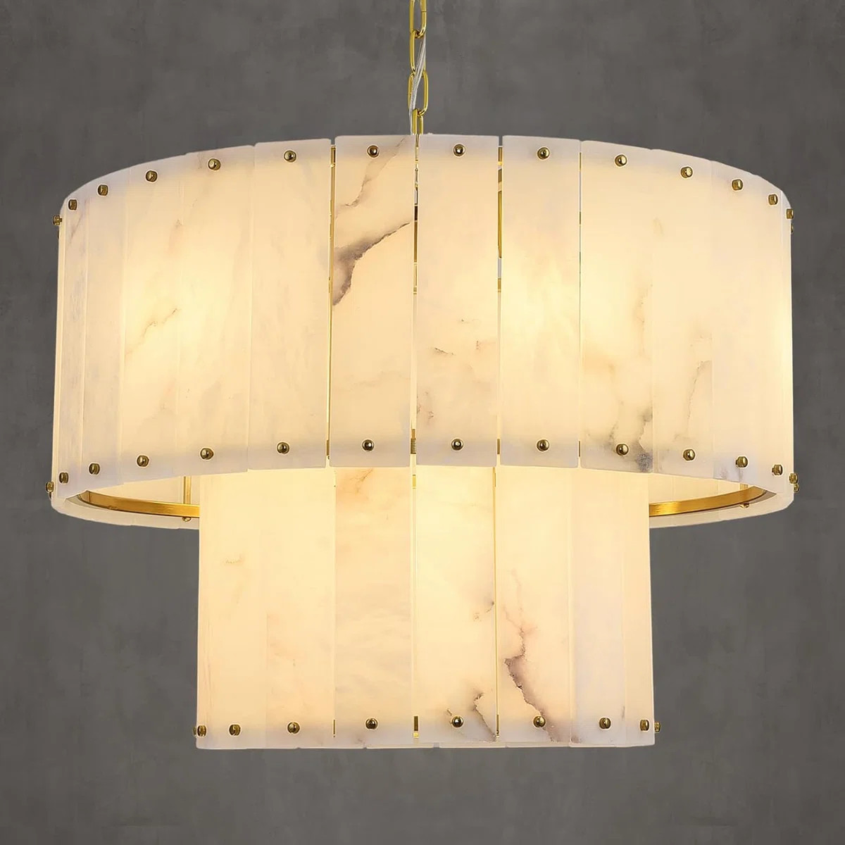 24"/ 32" Modern Gold Round Chandeliers 2-tier Drum Pendant Light With Alabaster Shade | Wayfair North America