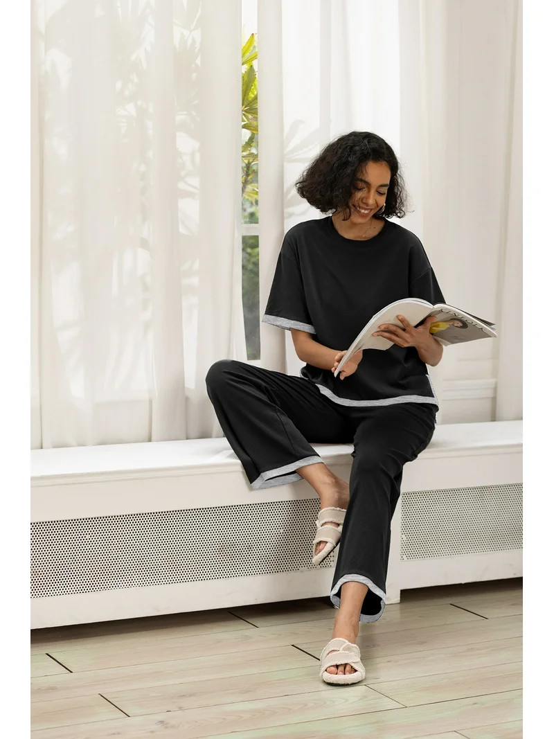 MINTREUS Women's Cotton 2-Piece Loungewear Short-Sleeve Round-Neck Pullover Top Wide-Leg Pants Wo... | Walmart (US)