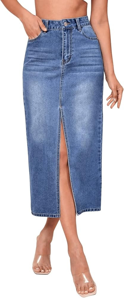 SweatyRocks Women's Casual High Waist Denim Skirt Split Hem Raw Trim Midi Jean Skirts | Amazon (US)