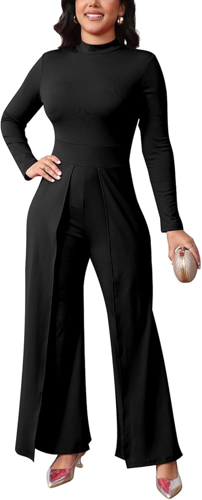 Women's Elegant Long Sleeves Work Loose Wide Leg Pants Clubwear Party Dressy Jumpsuits | Amazon (US)