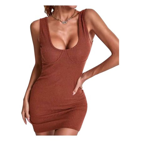 Binpure Women Bodycon Dress Plain Ribbed Sleeveless U-Neck Hip Dress | Walmart (US)