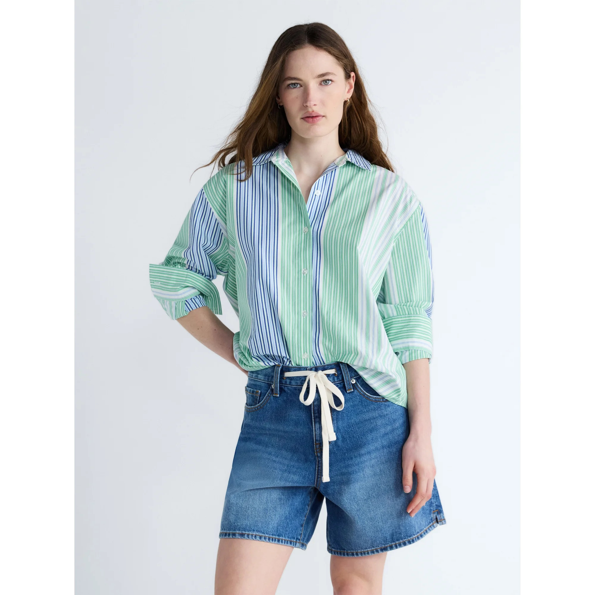 Free Assembly Women's and Women's Plus Relaxed Button Down Cotton Shirt with Long Sleeves, Sizes ... | Walmart (US)