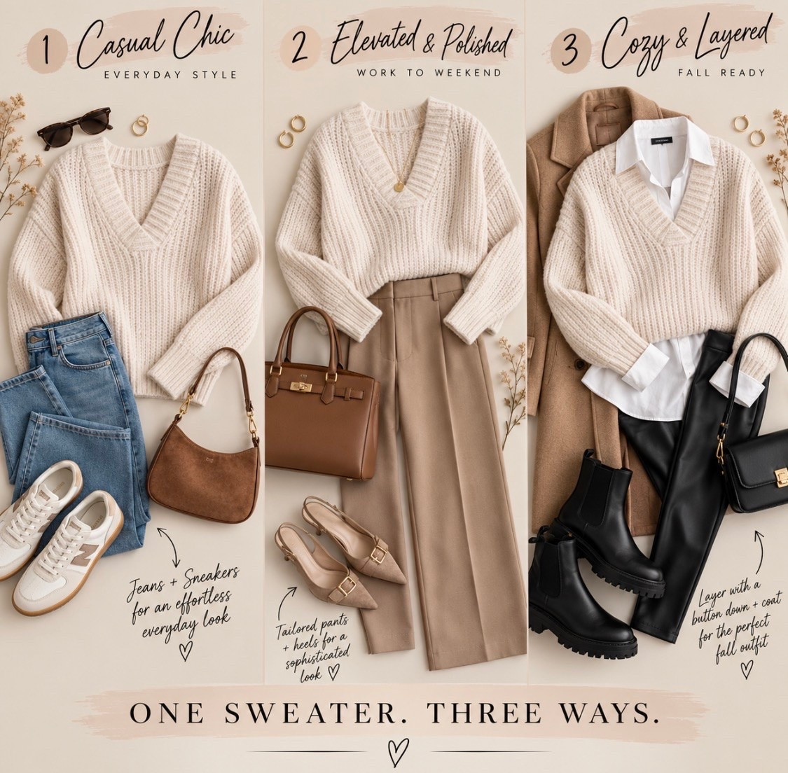 Chunky knits for fall
Sweater styled 3 ways 

Fall sweater, chunky cream sweater, fall trends, fall outfit, effortless look, casual outfit, weekend outfit

#LTKootd #LTKSaleAlert #LTKSeasonal