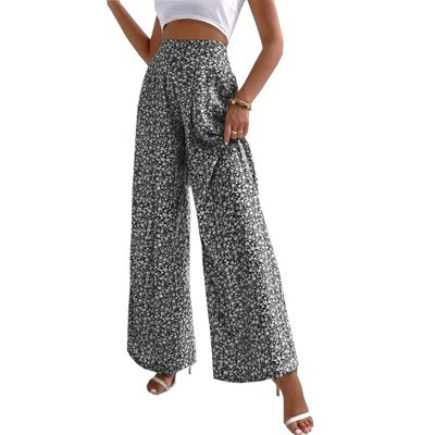 Women's Summer Beach Floral Pants High Waisted Wide Leg Palazzo Lounge Trousers Black S | Target